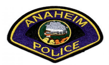 Patch of Anaheim Police with train and oranges emblem.